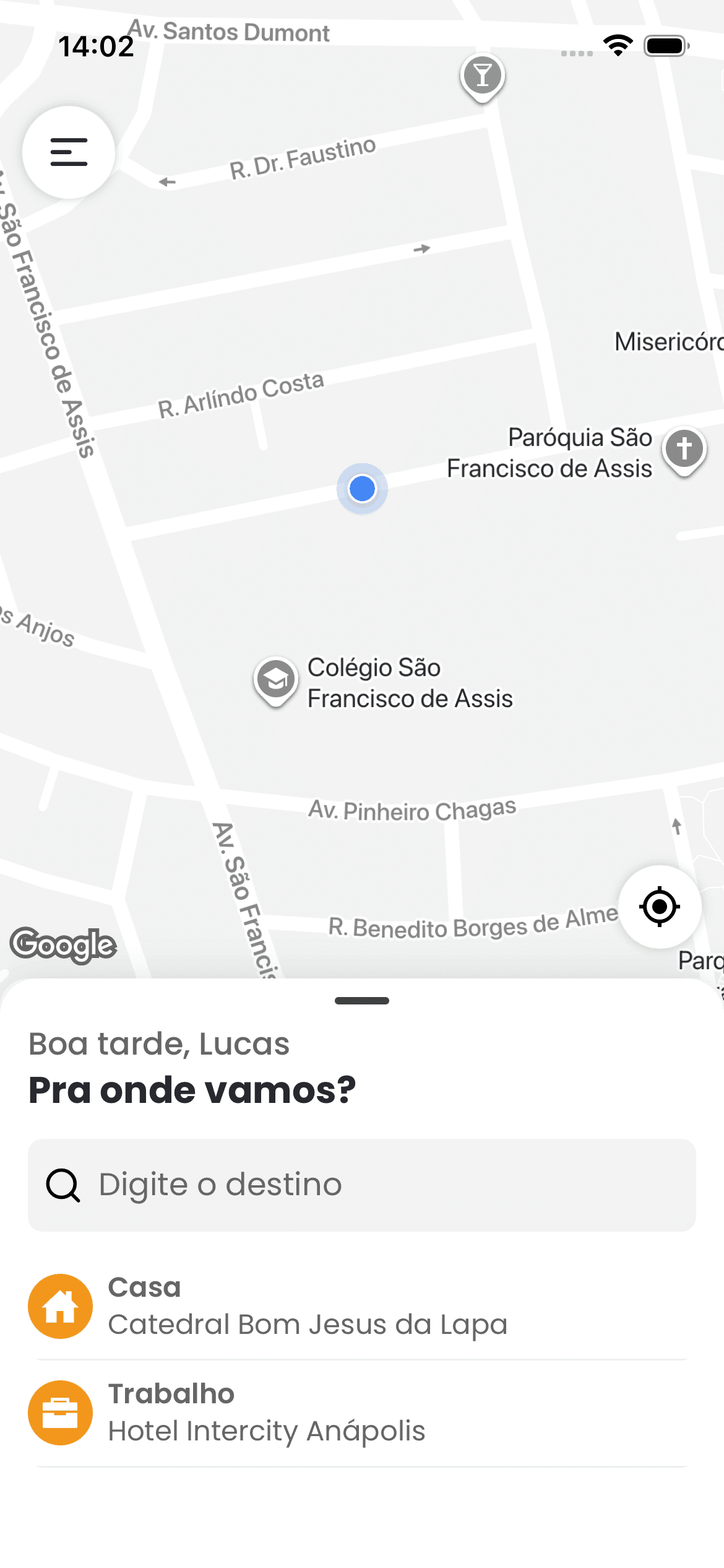 Tela do app para solicitar corridas