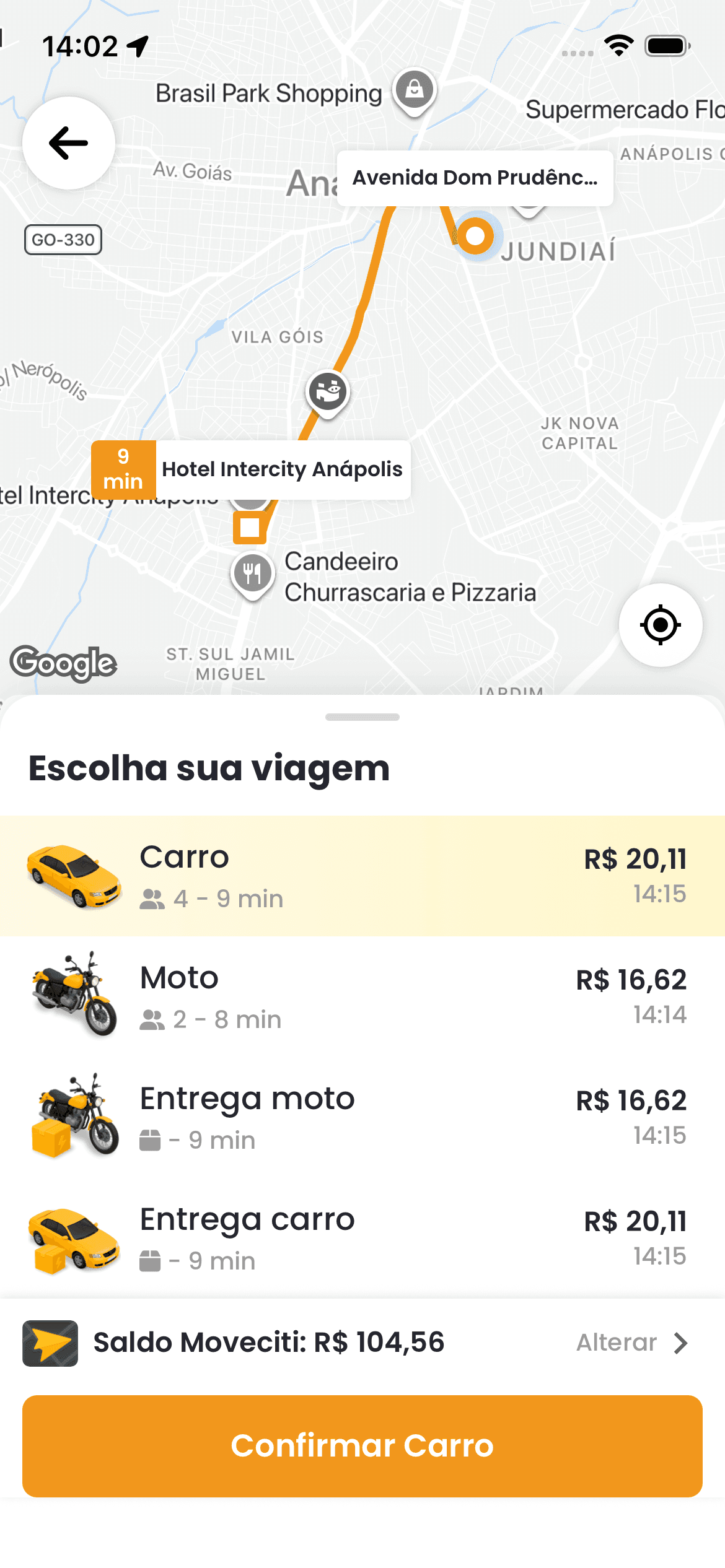 Tela do app acompanhando a chegada do motorista